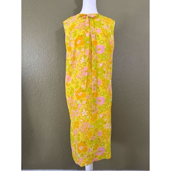 Vintage 60s Fritzi of California Women’s M/L Yellow Floral Print Midi Dress - Picture 1 of 6